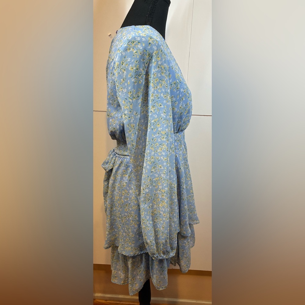 Japna Light Blue Floral Wrap-Style Long Sleeve Dress Size Medium - Picture 2 of 8